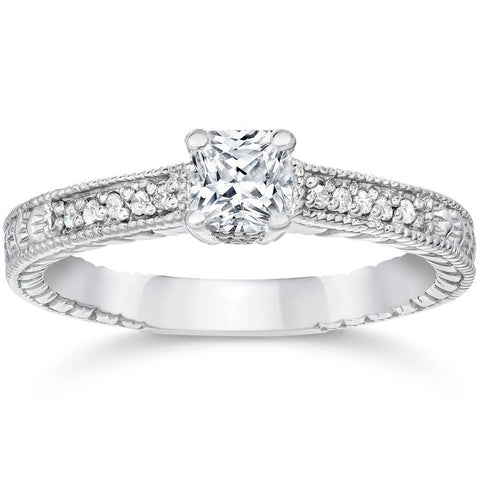 1/2ct Princess Cut Antique   Diamond Engagement Ring 14K White Gold