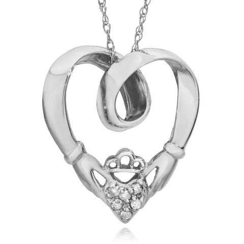 Claddagh Diamond Pendant 10K White Gold