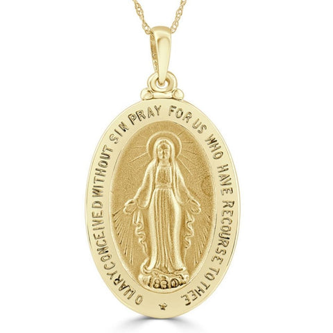 14k White or Yellow Gold Mother Mary Pray For Us Pendant Necklace 1" Tall 5Grams