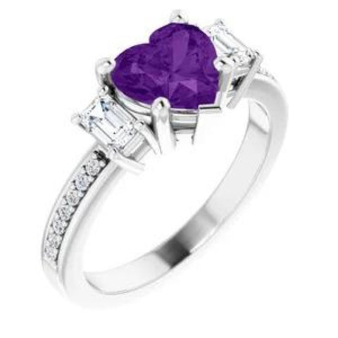 7mm Amethyst   Diamond Heart Shape Accent Ring in 14k White or Yellow Gold