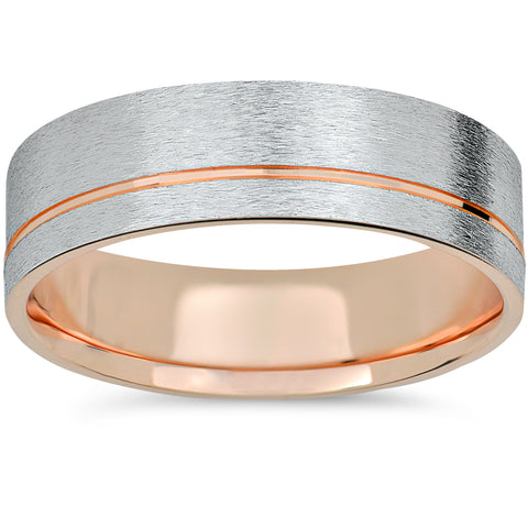 14k Rose Gold & White Gold Two Tone Wedding Band Mens Brushed Ring