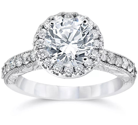 Certified F/VS 2Ct Diamond Halo Engagement Ring Antique 14k White Gold Lab Grown