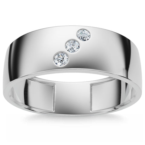 Mens Three Stone Diamond Ring 10k White Gold High Polished 7mm