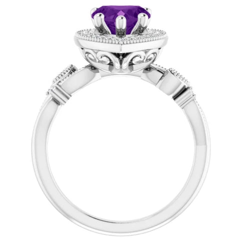 7mm Amethyst   Diamond Heart Shape Halo Ring in 14k White or Yellow Gold