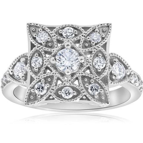 1/2ct   Diamond Ring Square Framed Filigree Art Deco Band White Gold