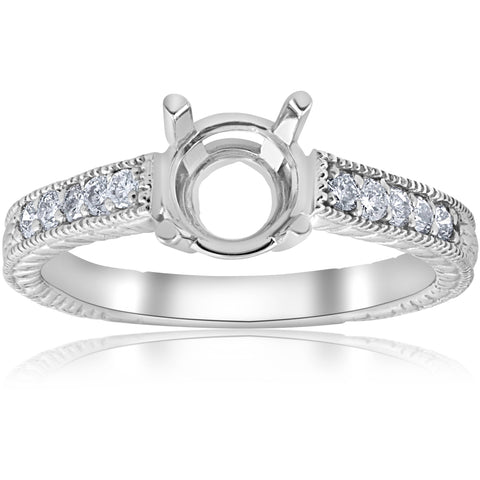 1/5ct Hand Engraved Diamond Engagement Ring Setting 14k White Gold Fits 6-6.5mm