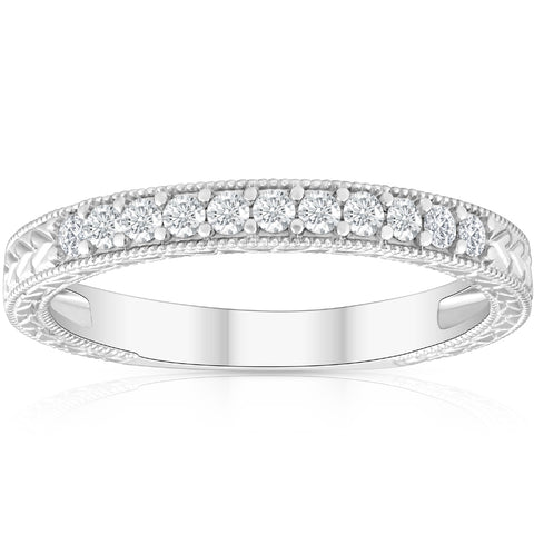 Diamond Wedding Ring 1/4 ct   Hand Engraved Womens 14k White Gold Band