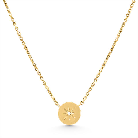 Diamond Disc Starburst Pendant 14k Yellow Gold Necklace 18"