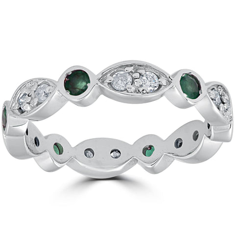 1ct Diamond & Simulated Green Emerald   Eternity Ring 14K White Gold