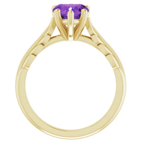 7mm Amethyst Solitaire Heart Shape Leaf Accent Ring in 14k White or Yellow Gold