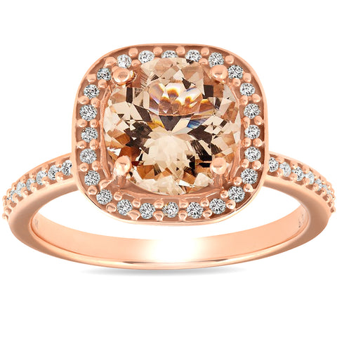 2 Ct Morganite & Diamond Cushion Halo Engagement Ring 14k Rose Gold