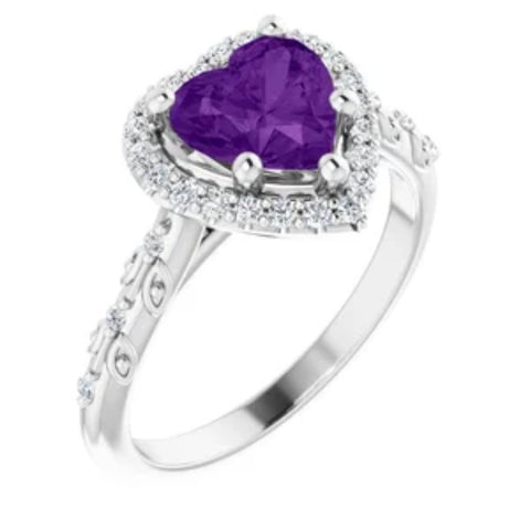 7mm Amethyst Halo Diamond Heart Shape Accent Ring in 14k White or Yellow Gold