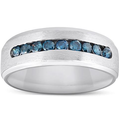 Mens 1/3ct Blue Diamond Brushed Wedding Ring 14k White Gold