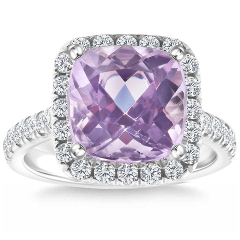 F/VS 6.25Ct Cushion Pink Kunzite & Diamond Halo Ring 14k Gold Lab Grown