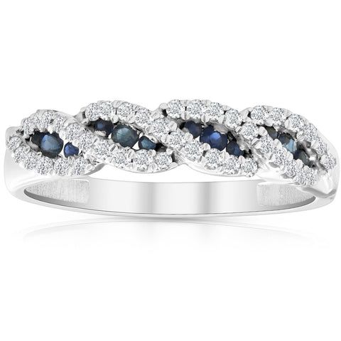 1/3 Ct Blue Sapphire & Diamond Ladies Swirl Wedding Ring 10k White Gold