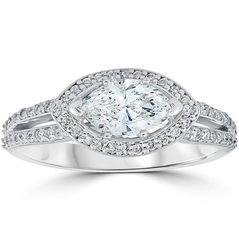 1 1/2 ct Sideways Halo Marquise Diamond Engagement Ring 14k White Gold Enhanced