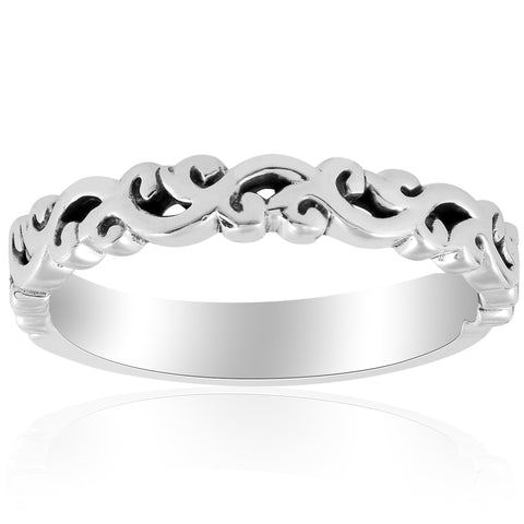 14k White gold Hand Carved Womens Wedding Band Filigree   Stackable Ring