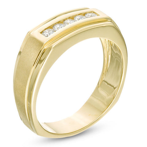 1/2Ct Men's Five Stone Diamond Brushed Ring in 14k Yellow Gold