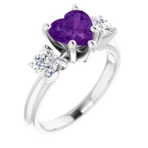 7mm Amethyst Three-Stone Diamond Heart Shape Ring in 14k White or Yellow Gold