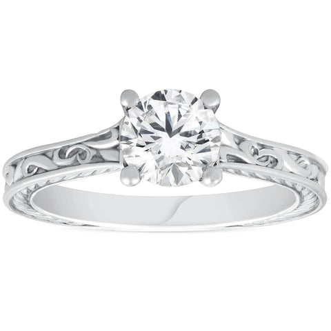 F/VS 1ct Solitaire Round Vintage Diamond Engagement Ring White Gold Lab Grown