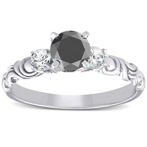 1 1/14 Ct Black Diamond Three Stone   Engagement Ring 14k White Gold