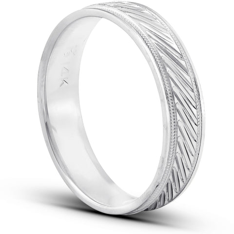 14k White Gold Mens Hand Carved Comfort Fit Wedding Band