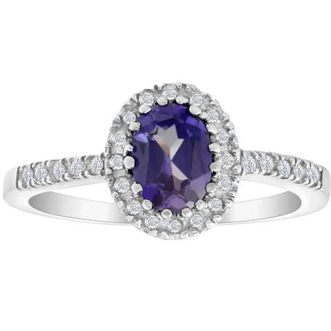 3/4 Ct Diamond Oval Halo Amethyst Ring 14k White Gold