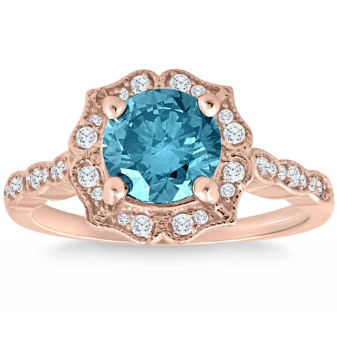 2Ct TW Blue & White Diamond Halo   Engagement Ring 14k Rose Gold