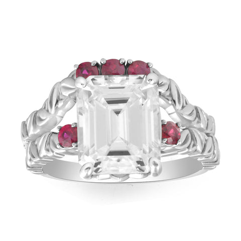 VS 5 1/2Ct Ruby & Emerald Cut Moissanite Petite Leaf Engagement Set in Gold