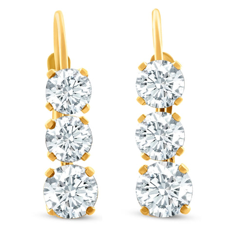 1 1/2Ct Three Stone Diamond Leverback Hoops Women's Earrings 14k Gold 1/2" Tall
