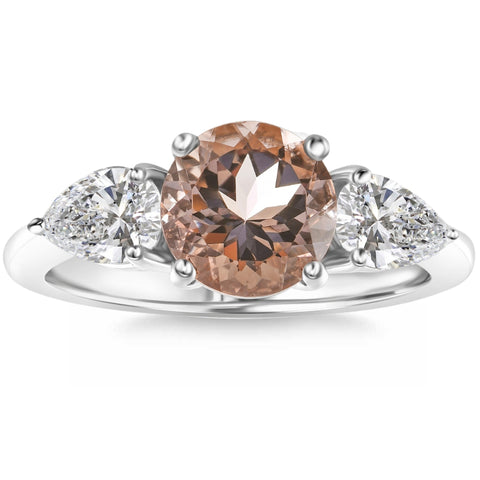 2.75Ct Morganite & Pear Shape 3-Stone Diamond Engagement Ring 14k Gold ...