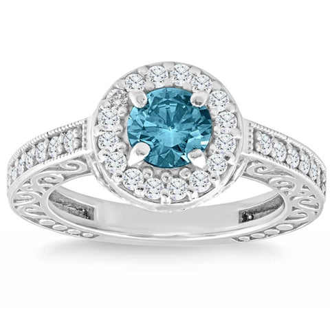 1Ct Blue & White Diamond Halo   Engagement Ring Lab Grown 14k White Gold