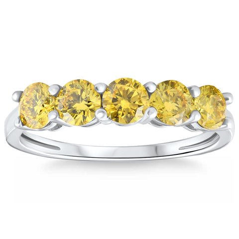 1Ct Fancy Yellow Diamond Five Stone Wedding Ring 14k Gold Lab Grown