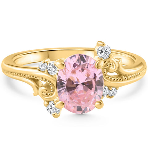 VS 1.75Ct Pink Topaz & Diamond Deco Ring Gold Lab Grown