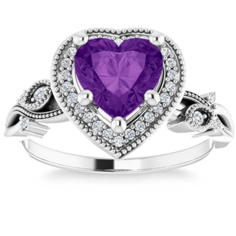 7mm Amethyst   Diamond Heart Shape Halo Ring in 14k White or Yellow Gold