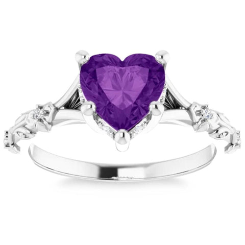 7mm Amethyst   Diamond Heart Shape Leaf Ring in 14k White or Yellow Gold