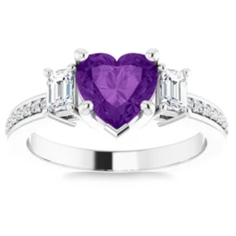 7mm Amethyst   Diamond Heart Shape Accent Ring in 14k White or Yellow Gold