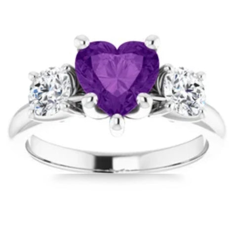 7mm Amethyst Three-Stone Diamond Heart Shape Ring in 14k White or Yellow Gold