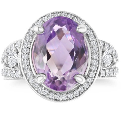 9 1/2ct Oval Amethyst   Halo Diamond Ring 14k White Gold