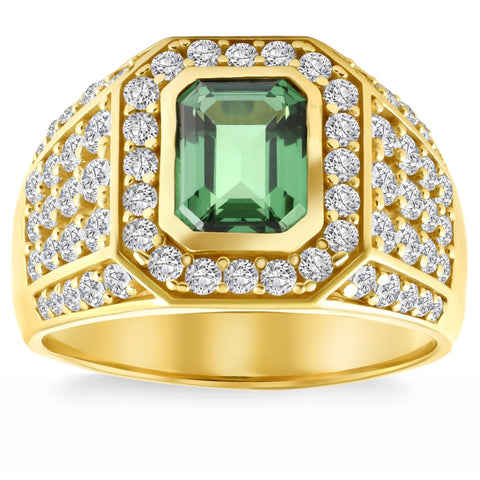 4 1/2Ct Emerald & Diamond Men's Ring 10k Yellow Gold Lab Grown