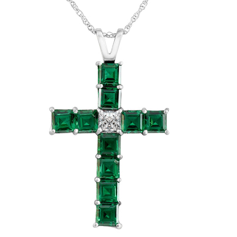 F/VS 6Ct TW Princess Cut Diamond & Emerald Cross Pendant Necklace Gold Lab Grown