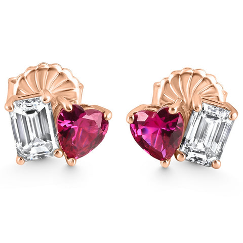 4Ct Toi Et Moi Emerald Diamond & Ruby Heart Studs 14k Gold Lab Grown