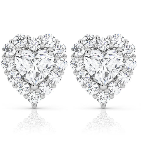 F/VS 1.30Ct Heart Shape Diamond Halo Studs White or Yellow Gold Lab Grown