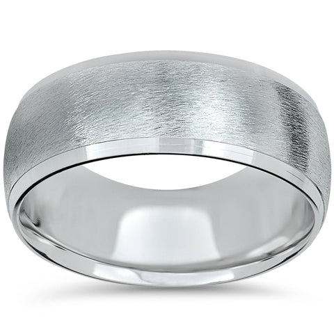 White Gold Wedding Band Mens Brushed Ring High Polished Beveled Edge 8mm