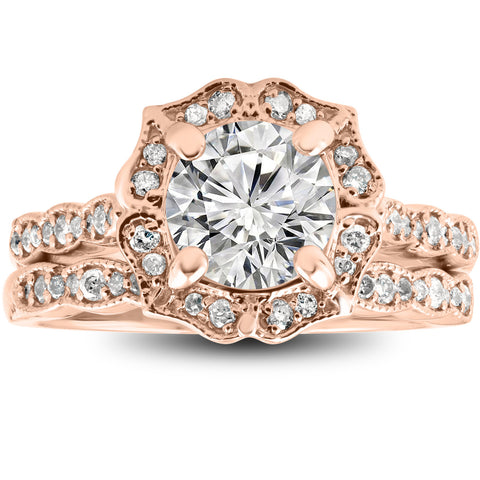 2 cttw Diamond Halo   Engagement Ring & Wedding Band Rose Gold Enhanced