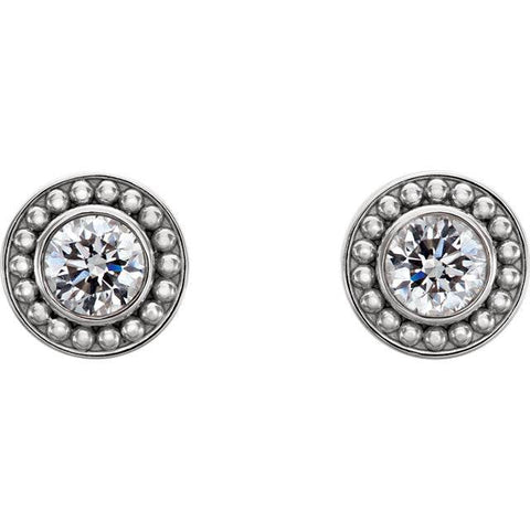 Diamond Bezel Studs   .55 Carat Milgrain Accent 14K White Gold