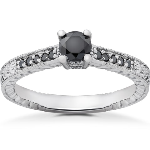 1/2 ct Black Diamond   Engagement Ring 14k White Gold