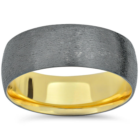 Mens 14k Black & Yellow Gold Two Tone Brushed Wedding Band