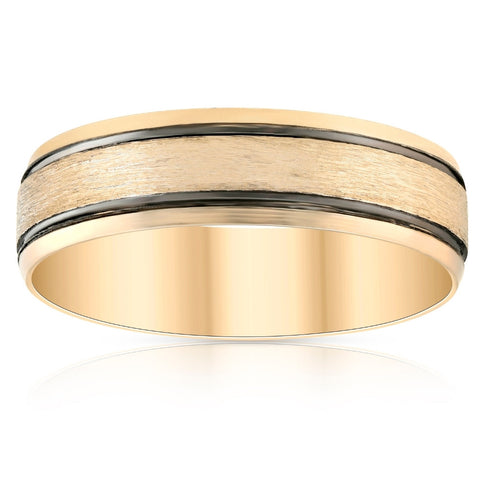 6mm 10k Yellow Gold Mens Brushed Black Inlay Wedding Band