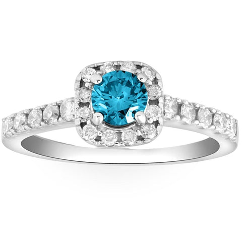 1Ct Blue Diamond Cushion Halo Engagement Ring in 14k White Gold